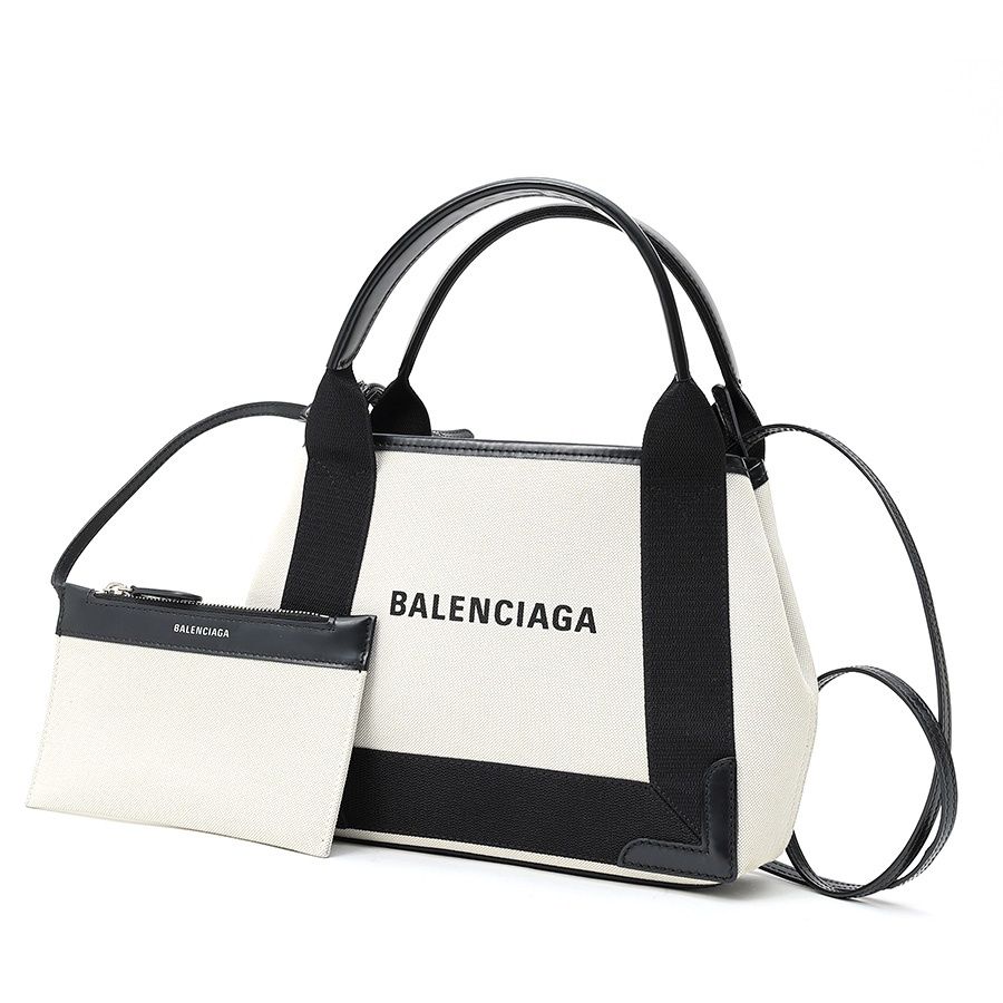 バレンシアガ / BALENCIAGA　ネイビーカバス XS　390346　ライトベージュキャンバス/ブラックカーフ 【中古】