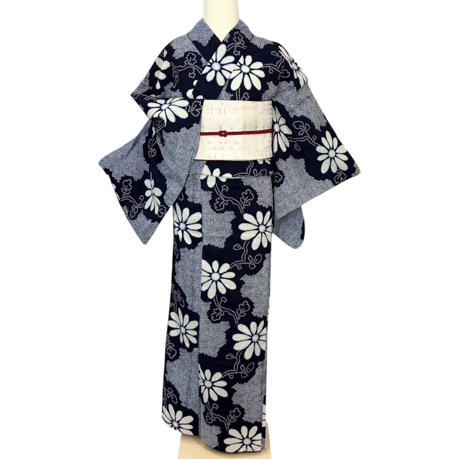 レトロ 浴衣 女性用 注染 絞り模様 藍色 紺 白 菊 裄66cm リユース