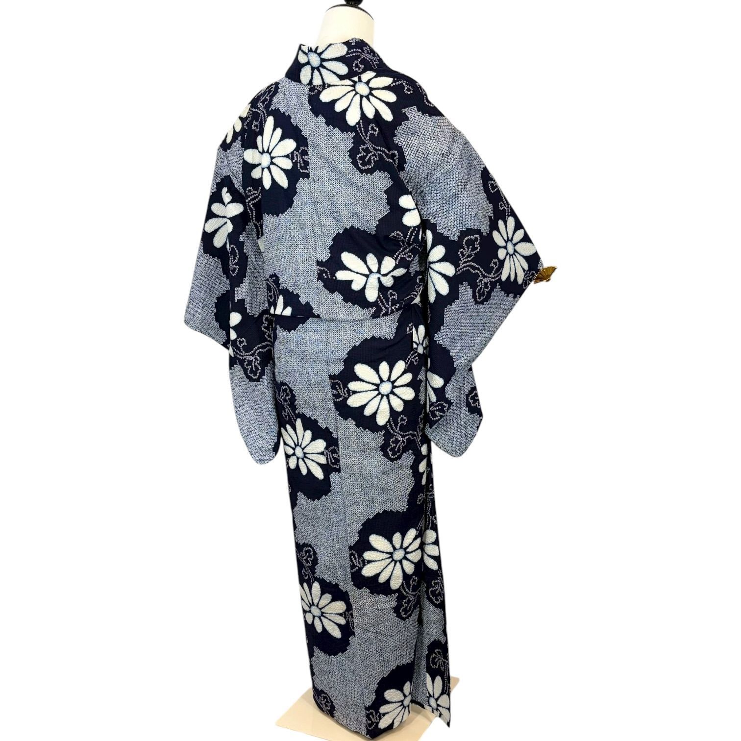 レトロ 浴衣 女性用 注染 絞り模様 藍色 紺 白 菊 裄66cm リユース