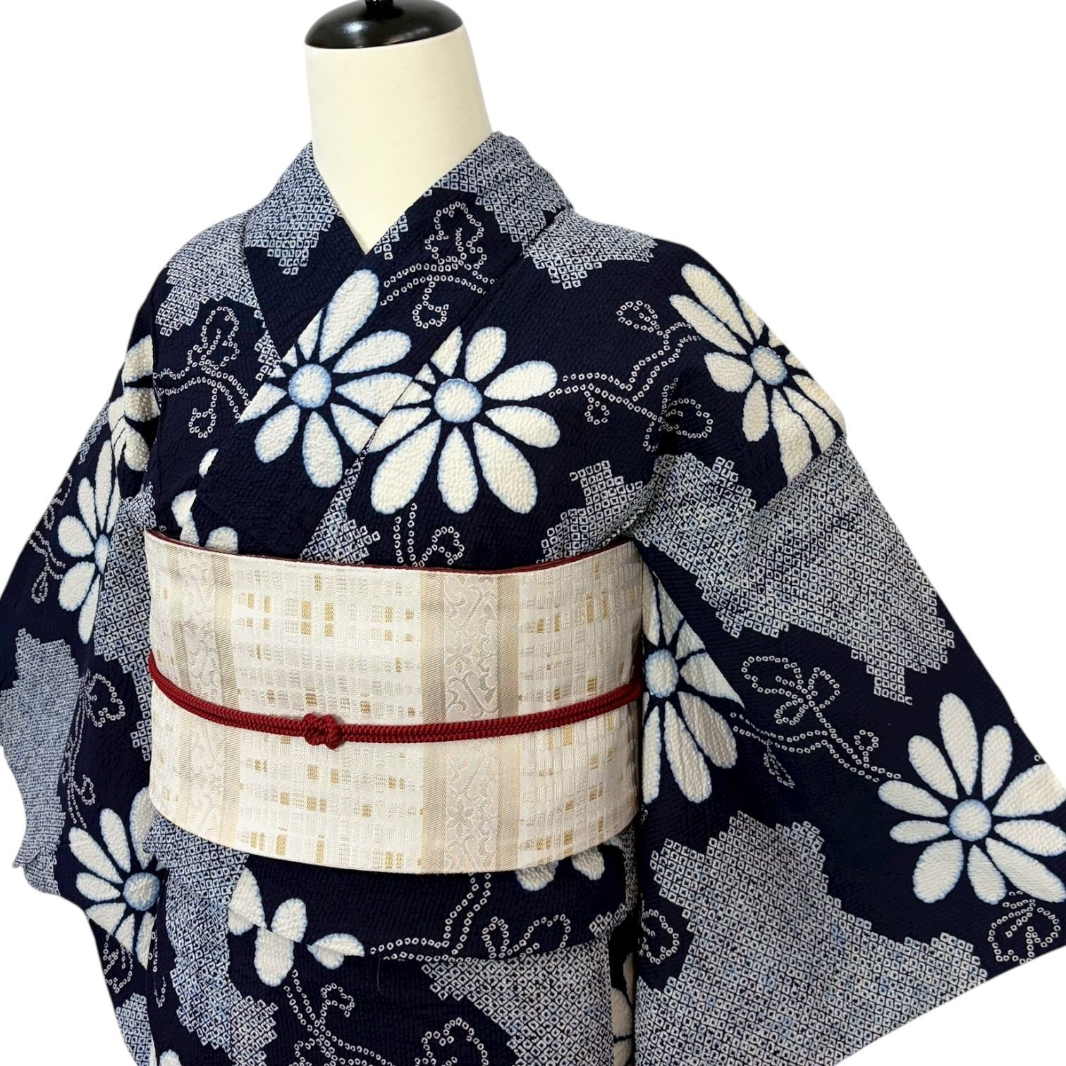 レトロ 浴衣 女性用 注染 絞り模様 藍色 紺 白 菊 裄66cm リユース