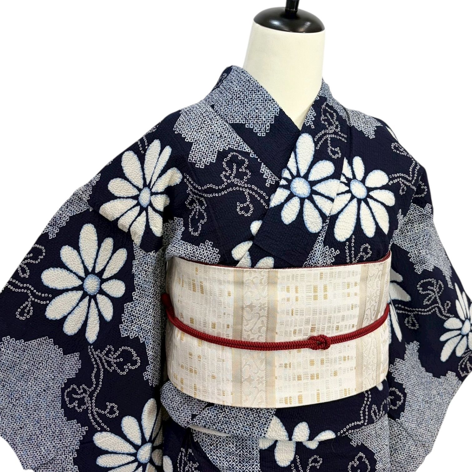 レトロ 浴衣 女性用 注染 絞り模様 藍色 紺 白 菊 裄66cm リユース