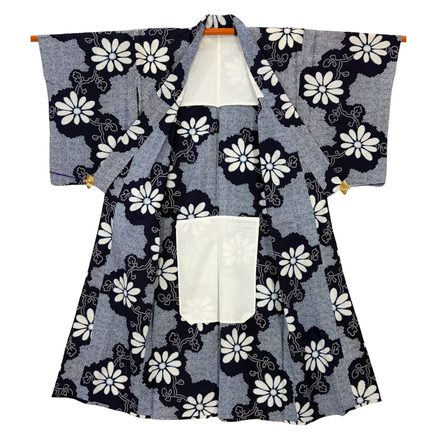 レトロ 浴衣 女性用 注染 絞り模様 藍色 紺 白 菊 裄66cm リユース