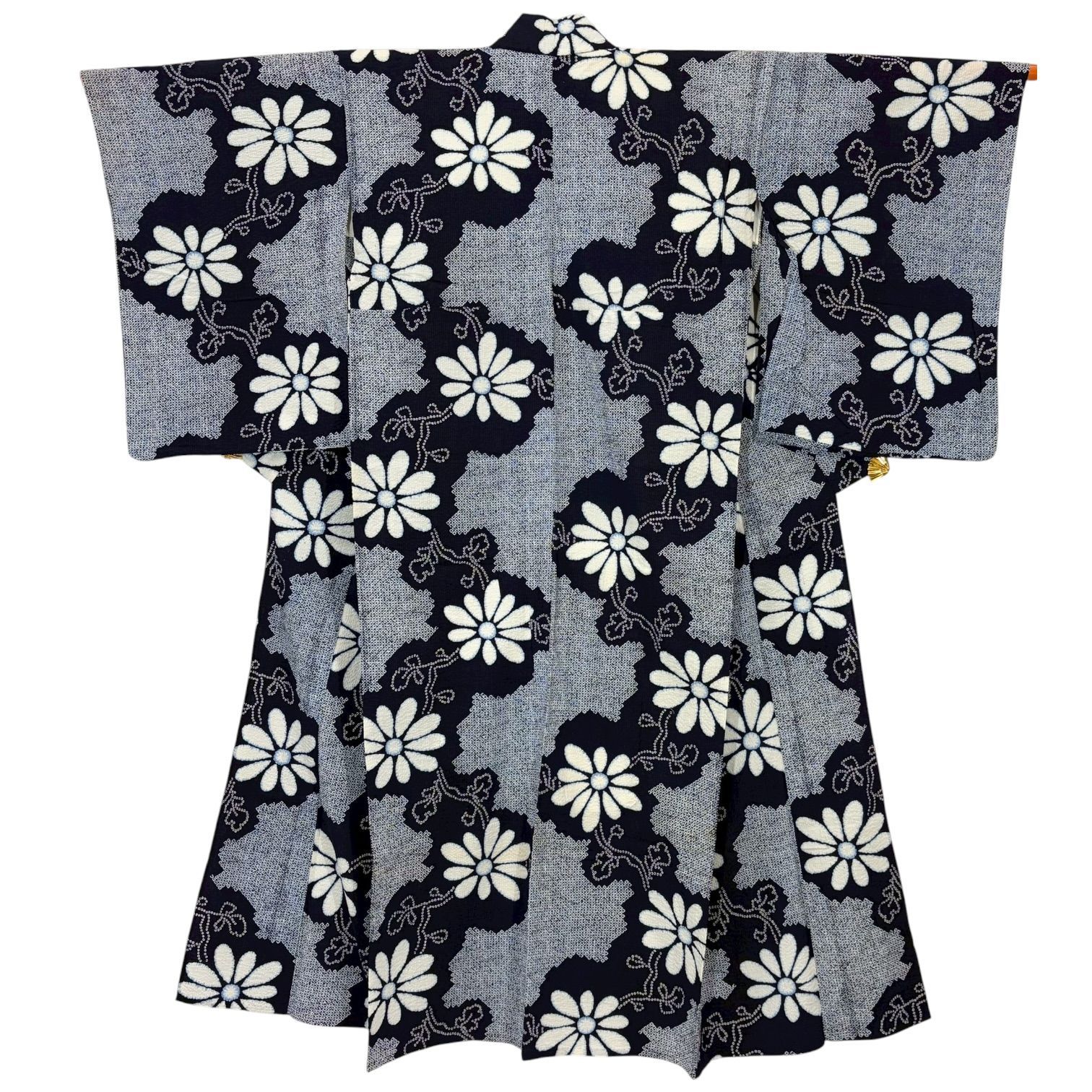 レトロ 浴衣 女性用 注染 絞り模様 藍色 紺 白 菊 裄66cm リユース