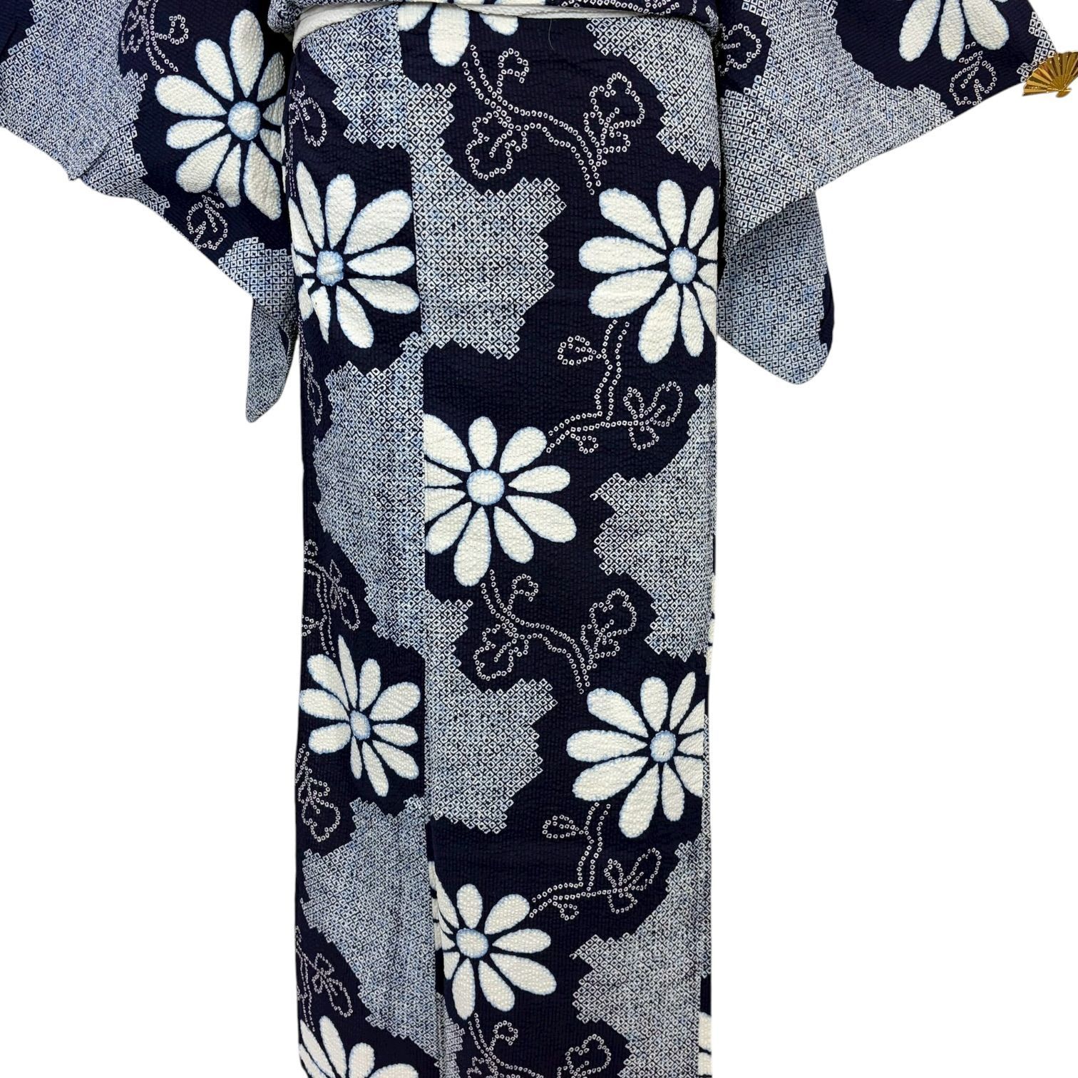 レトロ 浴衣 女性用 注染 絞り模様 藍色 紺 白 菊 裄66cm リユース