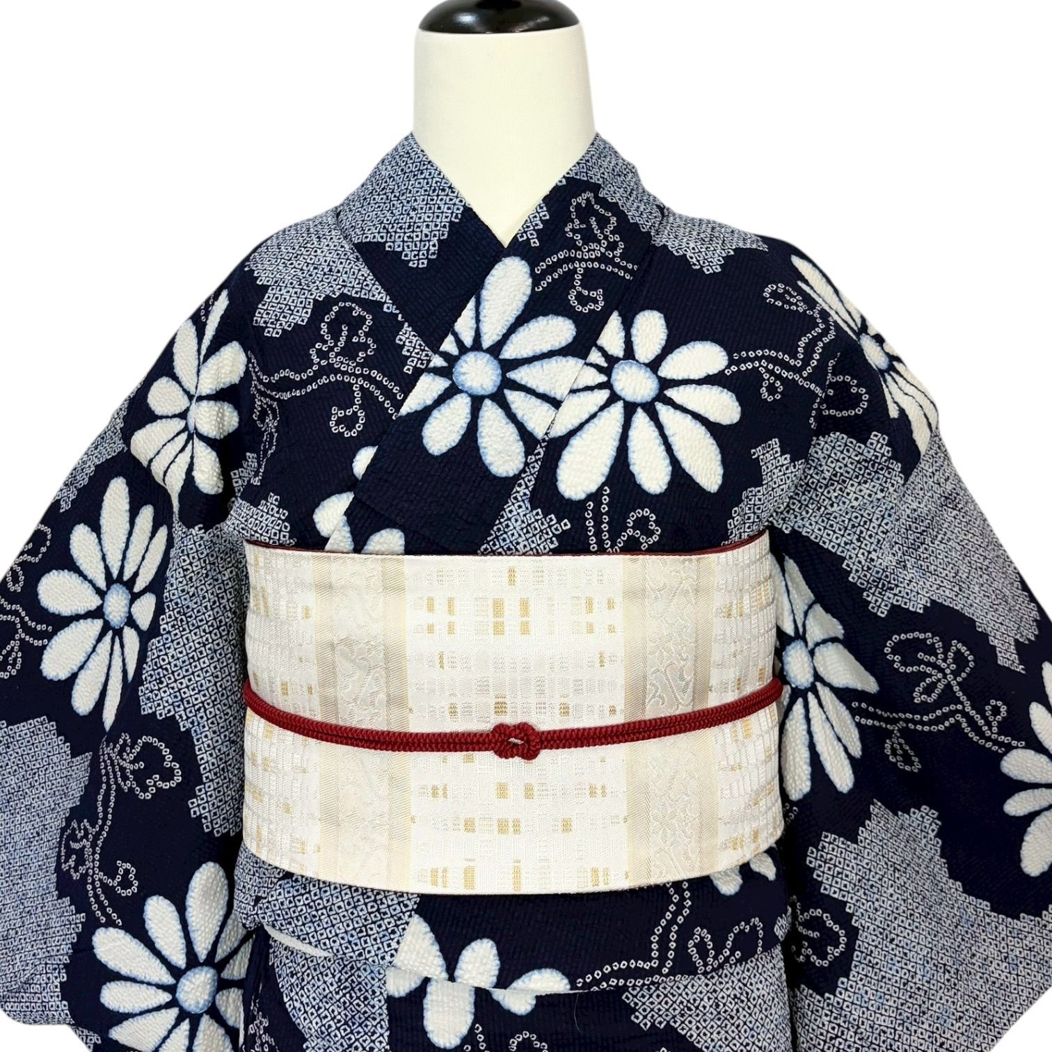 レトロ 浴衣 女性用 注染 絞り模様 藍色 紺 白 菊 裄66cm リユース