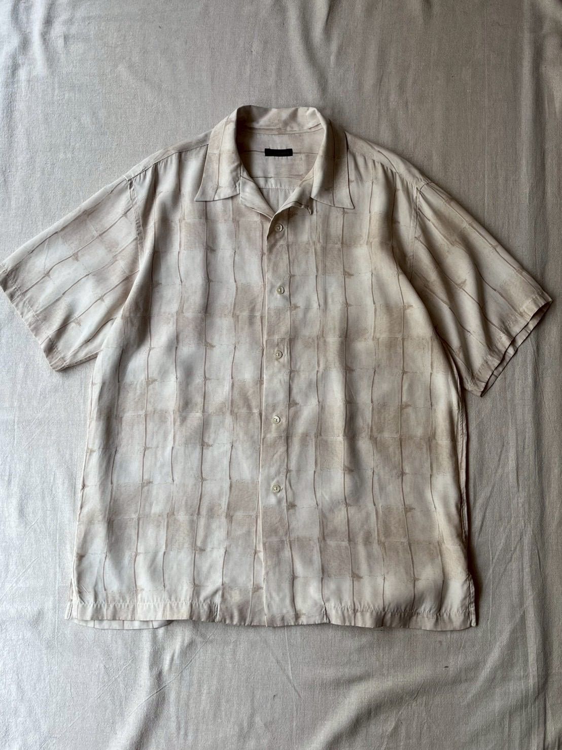 90s TETE HOMME レーヨン オープンカラー シャツ / ベージュ 総柄 半袖