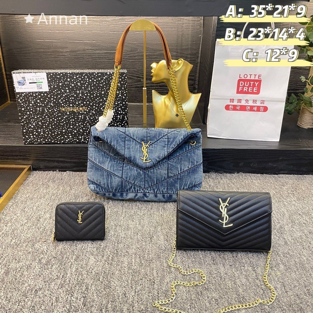 人気沸騰 Yves Saint Laurent YSL イヴサンローラン デニム ショルダーバッグ 財布 3点セット