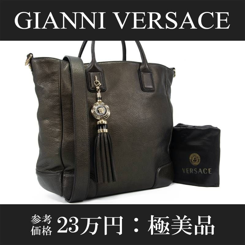 本物 送料無料 ヴェルサーチェ 2WAYショルダーバッグ ハンドバッグ トートバッグ レディース ヴァニタス メタリックダークゴールド レア Y2K 肩掛け A4対応 光沢 メドゥーサ タッセル フリンジ ロゴ マーク 綺麗 ゴールド金具 鞄 バック B335