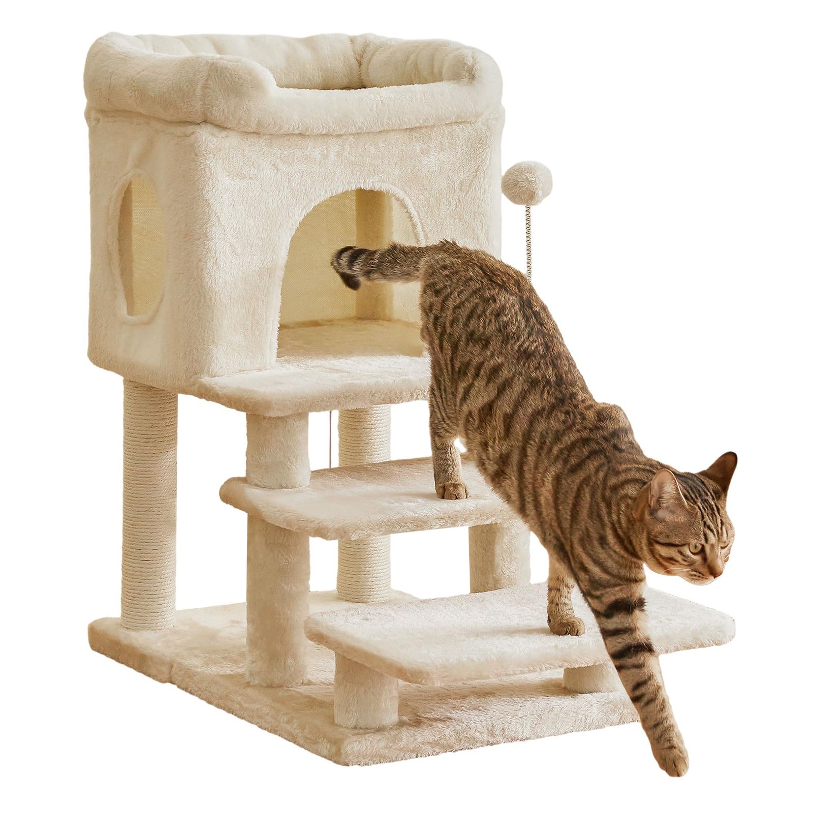 ★新品★Mwpo シニア ジャンプの苦手な猫ちゃん 登りやすいステップ 広い階段タイプ 低い段差 広いステップ 爪とぎ キャットタワー ハウス付き ベージュ 883A 9346652b