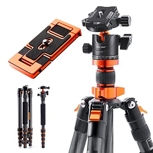 K&F Concept カーボン三脚 カメラスマホ 三脚 超軽量 コンパクト 5段 172cm 一脚可変式 耐荷重10kg 中心軸反転 360度回転自由雲台 予備用クイックリリースプレート三脚ケース付き 一眼レフカメラ トラベル用t ed162ee1