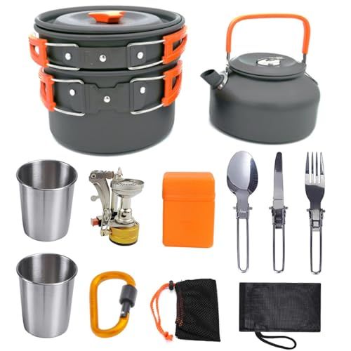 キャンプ用調理器具セット 食品グレードの硬質アルミニウム 耐熱 直火対応 アウトドア アルミケトル フライパン 調理鍋 折畳み式 軽量 収納袋付き 持ち運びに便利 キャンプ用品 ステンレス製の食器 カップ アルミ製のストーブ 付き アウトドア ad82f554