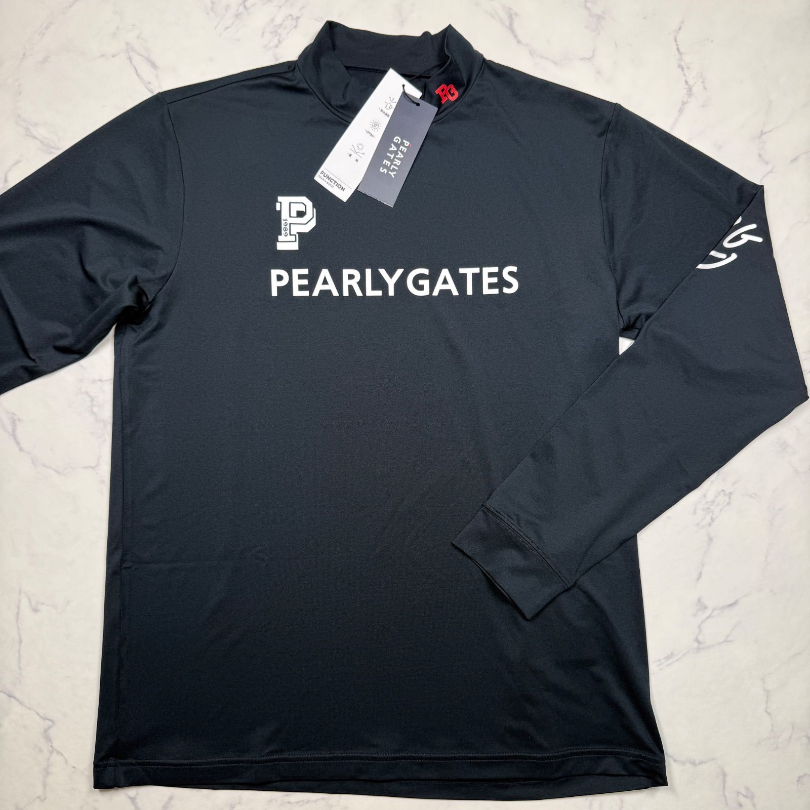 新品タグ付き PEARLY GATES モックネック 長袖シャツ メンズ6 ブラック ハイネック UV 吸水速乾