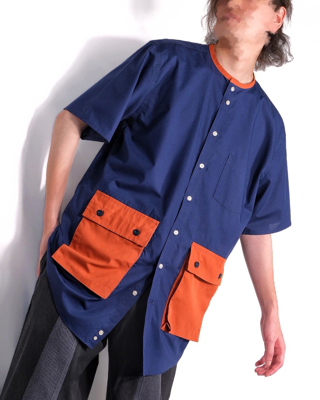 bi-color double-pocket no-collar remake s/s shirt 【一点物】 リメイク 古着 バイカラー 立体ポケット ノーカラー 半袖シャツ 10,710円