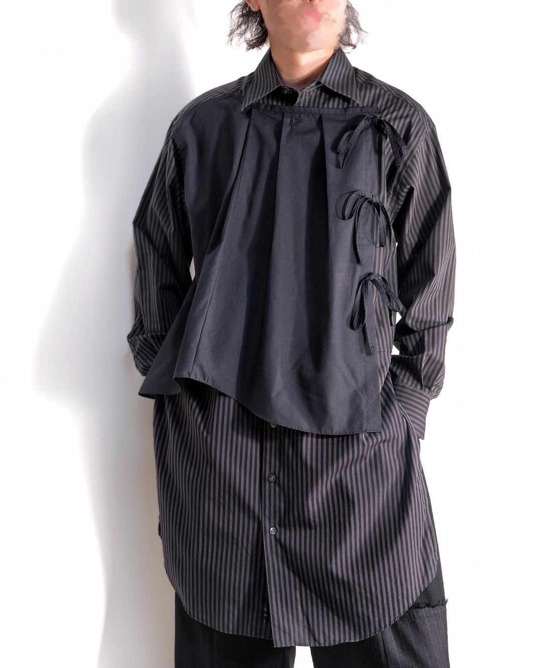 front-cover design remake long shirt 【一点物】 リメイク 古着 リボンデザイン モード ストライプ ロングシャツ