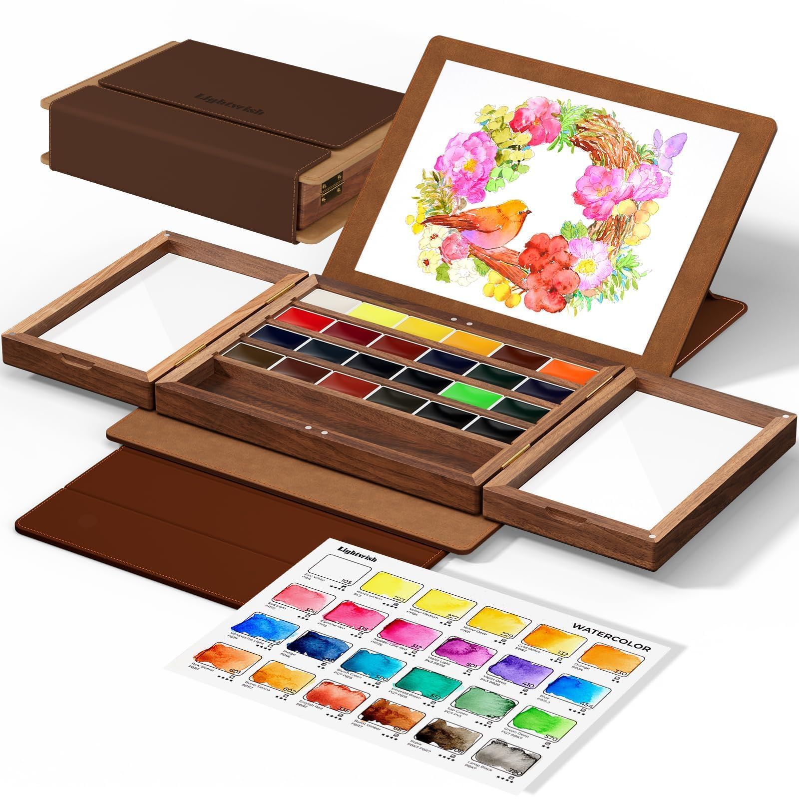 水彩絵の具セット 24色鮮やかな色 ウォールナットウッドパレット付き 角度調整可能 レザーシース ポータブル 旅行 水彩パレットセット アーティスト用送料無料 63237fe4