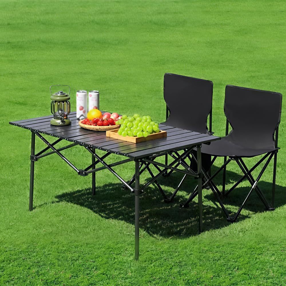アウトドア 折りたたみ ロールトップテーブル 軽量 95x55x50cm コンパクト キャンプテーブル 簡単組立 収納バッグ付 インテリア キャンプ アウトドア チェアx2, テーブル(95cm)x1送料無料 fdadee3f