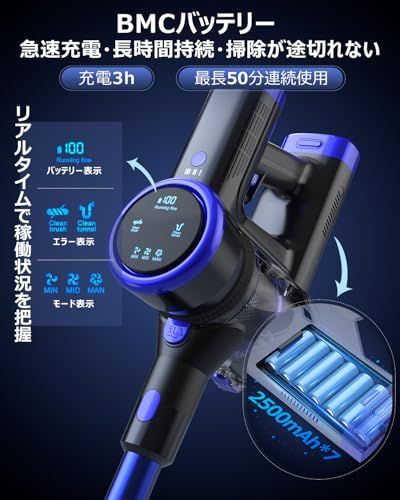 掃除機 コードレス【腰痛ゼロ設計】50000Pa超強力吸引+50分連続稼働