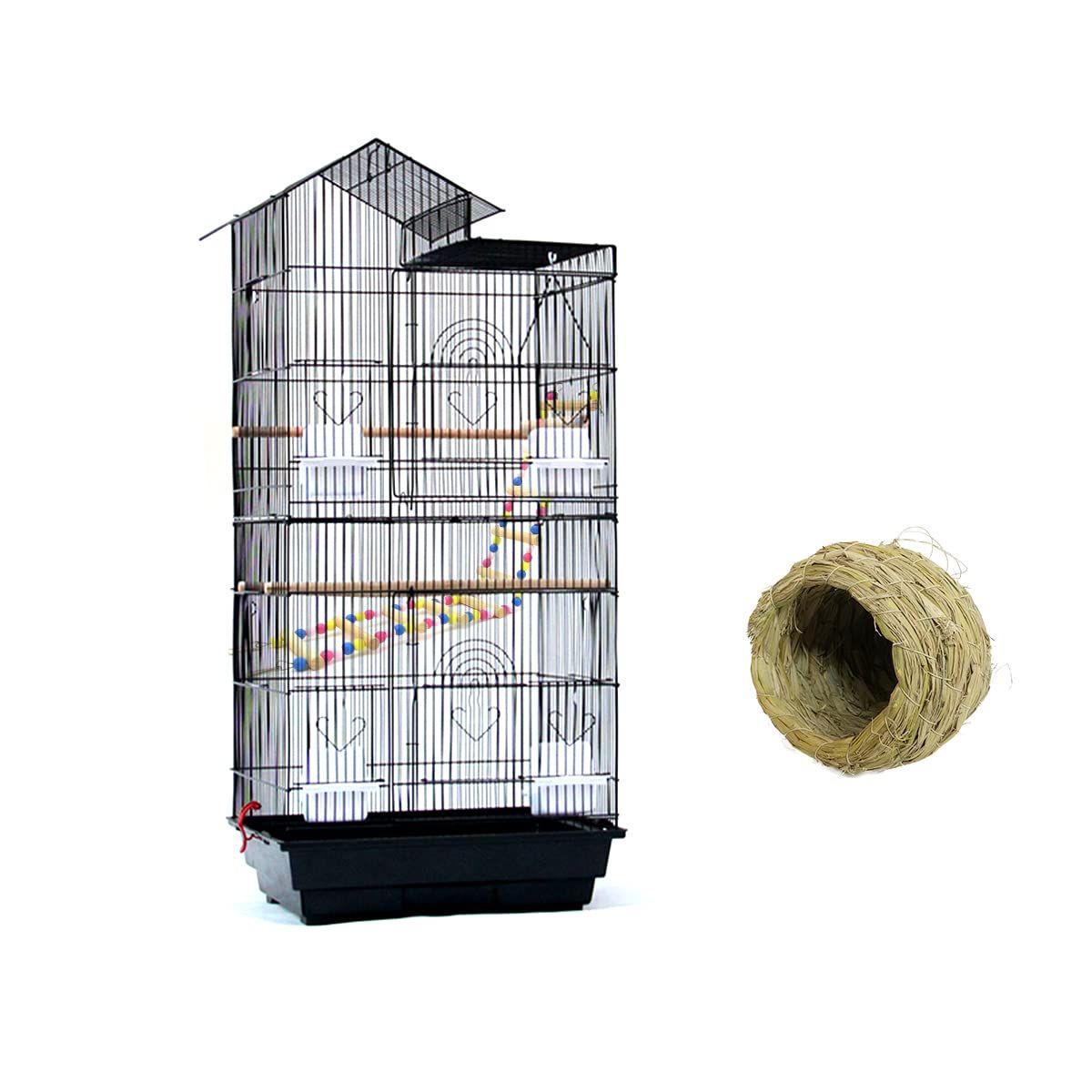 RAKU バードケージ 鳥カゴ 鳥小屋 インコケージ とりかご 鳥籠 複数飼い 止まり木 おもちゃ ブランク エサ入れ4個 ハンドル付き ブラック黒 省スペース お手入れかんたん 幅49x奥行き35x高さ100 cm (ブラック)pms ea44b657