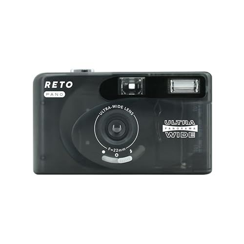 RETO PANO 35mmフィルムカメラ - 22mm広角レンズ、パノラマ、簡単スイッチ、シネマティックモード、レンズカバー、内蔵フラッシュ、再利用可能（フィルムと単4電池は付属していません） (シアーブラック)送料無料