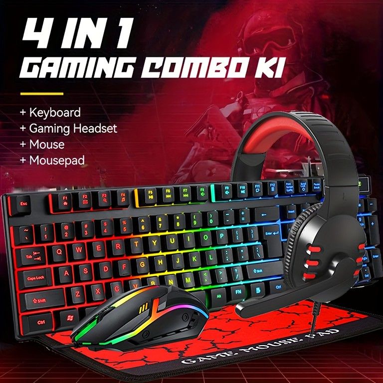 PCゲーム周年機器　ゲーミングマウス、キーボード、マウスパッド、ヘッドセット ゲーミングセット】有線キーボード マウス ヘッドセット マウスパッド