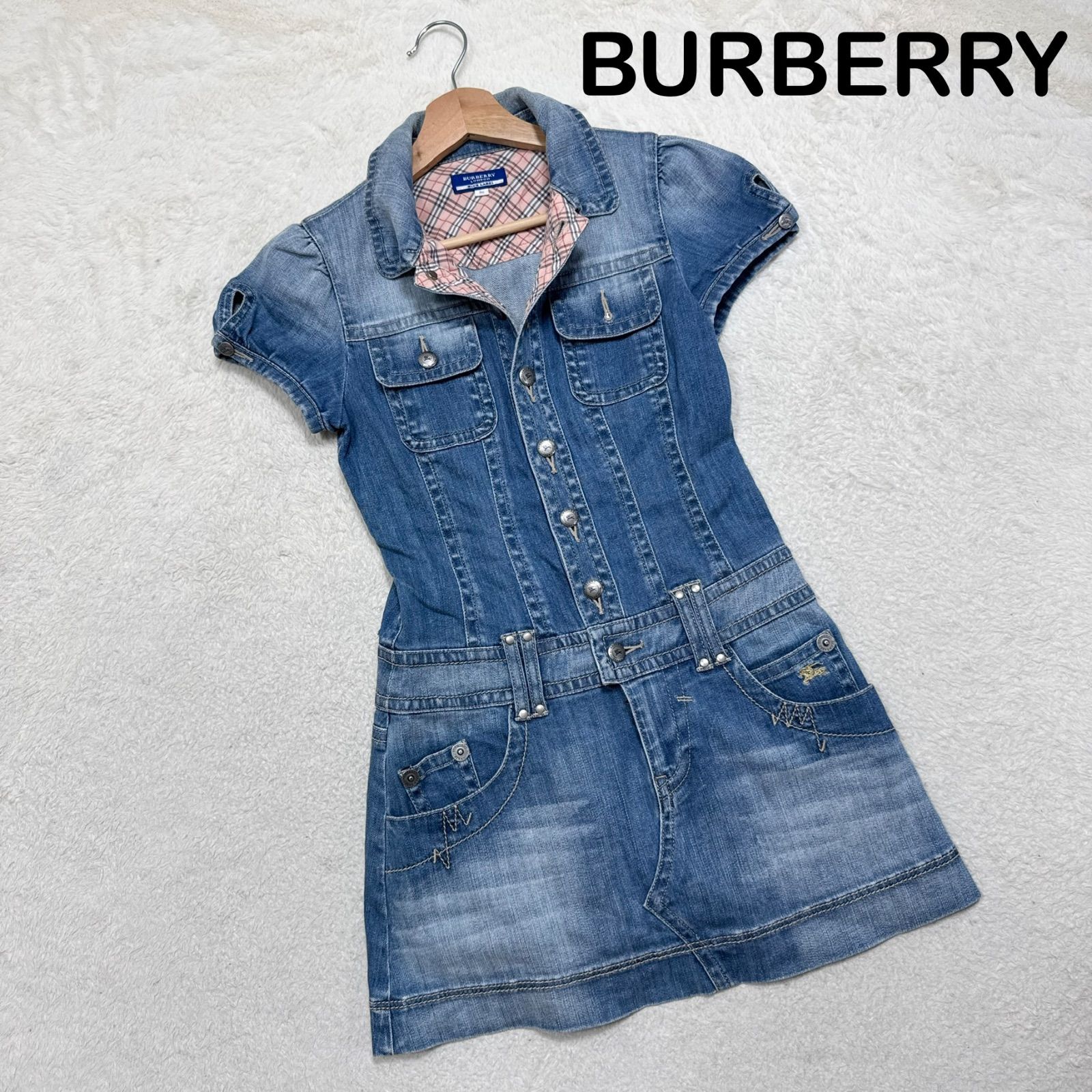 BURBERRY BLUE LABEL バーバリーブルーレーベル デニム ミニ ワンピース ノバチェック ホースロゴ 刺繍 36