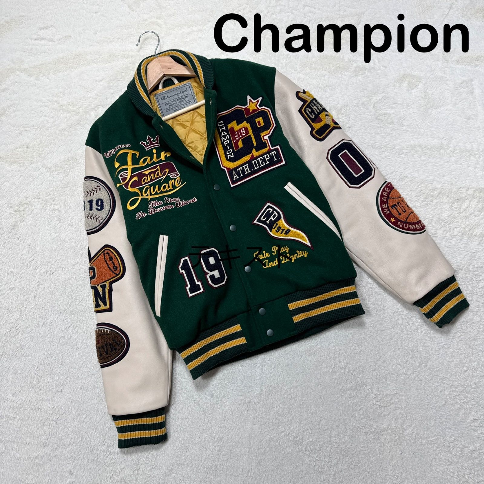 CHAMPION チャンピオン フルデコ 袖革ウールスタジャン M グリーン 200着限定モデル