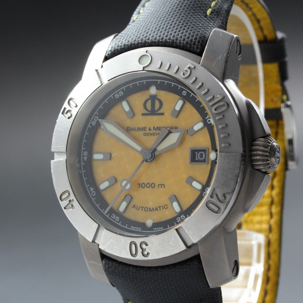 【稼働品】 Baume&Mercier Capeland 65414 イエロー シルバー チタン デイト 夜光 純正ブレス 自動巻き メンズ 腕時計 #17604