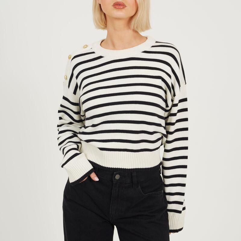 ブレーブソウル レディース アウター ニット・セーター クルーネック Brave Soul Boxy Crew Neck Striped Jumper with Shoulder Button Det