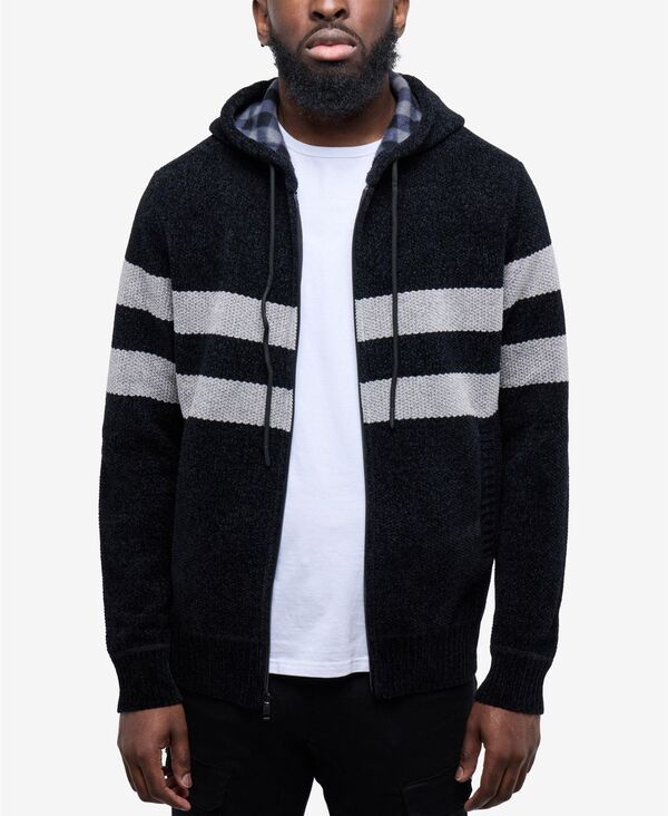 カルチュラ メンズ アウター ニット・セーター CULTURA Mens Full Zip Hooded Sweater With Stripes And Flannel Lining Blacksi