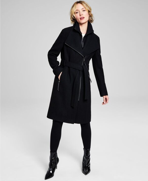 カルバンクライン レディース アウター ジャケット・ブルゾン ウール コート Calvin Klein Womens Wool Blend Belted Wrap Coat Black Twill ブ