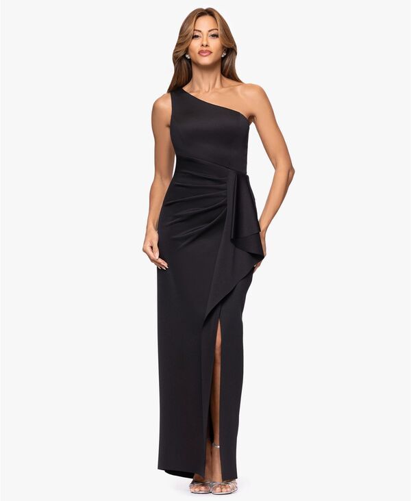 エスケープ レディース トップス ワンピース フリル ワンショルダー XSCAPE Womens OneShoulder Side Ruffle Long Dress Black ブラック