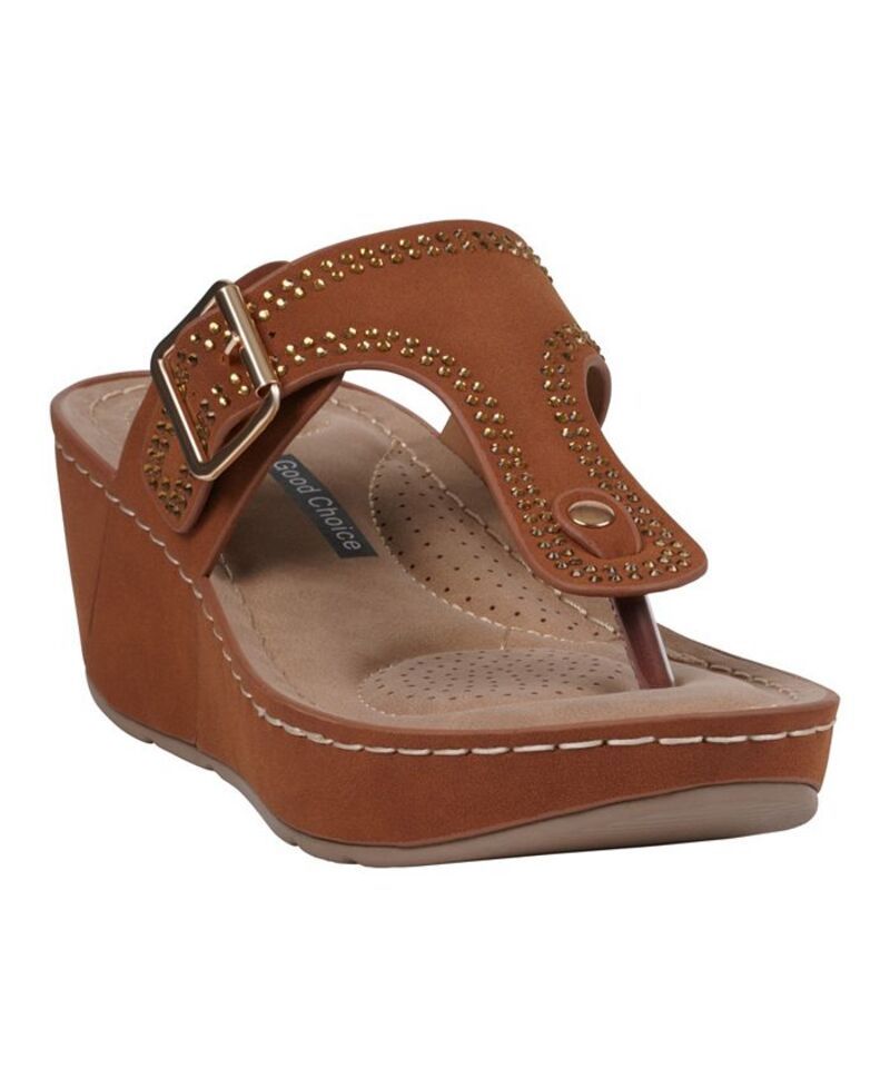 ジーシーシューズ レディース シューズ サンダル GC Shoes Womens Alani Embellished Thong Wedge Sandals Cognac
