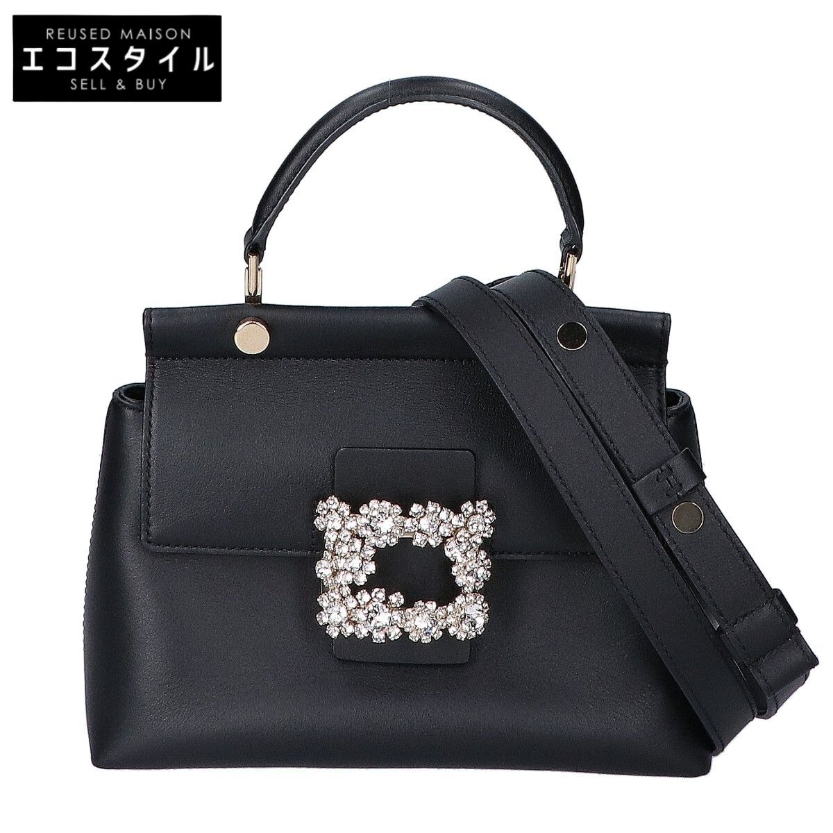 RogerVivier ロジェヴィヴィエ ブラック フラワーストラスバックル カバ エフロレッセンス レザーバッグミニ 2WAYショルダーバッグ -