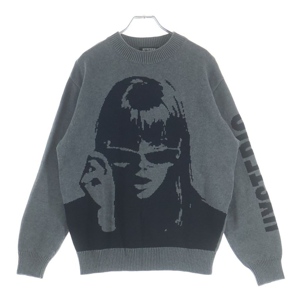 HYSTERIC GLAMOUR (ヒステリックグラマー) 20AW LOOKING AT YOU リブ編み クルーネックニット セーター グレー/ブラック 02203NS05
