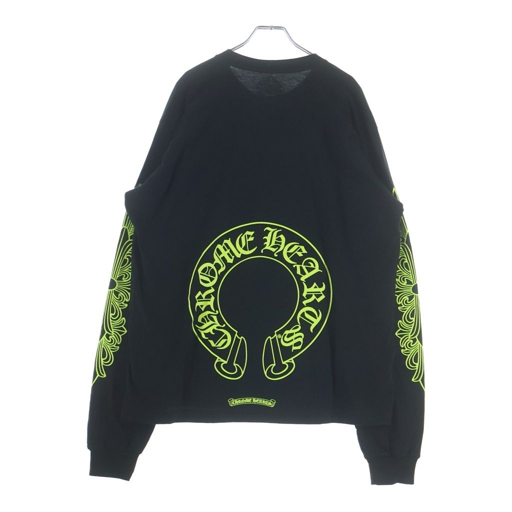 CHROME HEARTS (クロムハーツ) Floral Cross Horseshoe Long Sleeve Tee フローラルクロス ホースシュー ロングスリーブ Tシャツ ブラック/ネオンイエロー