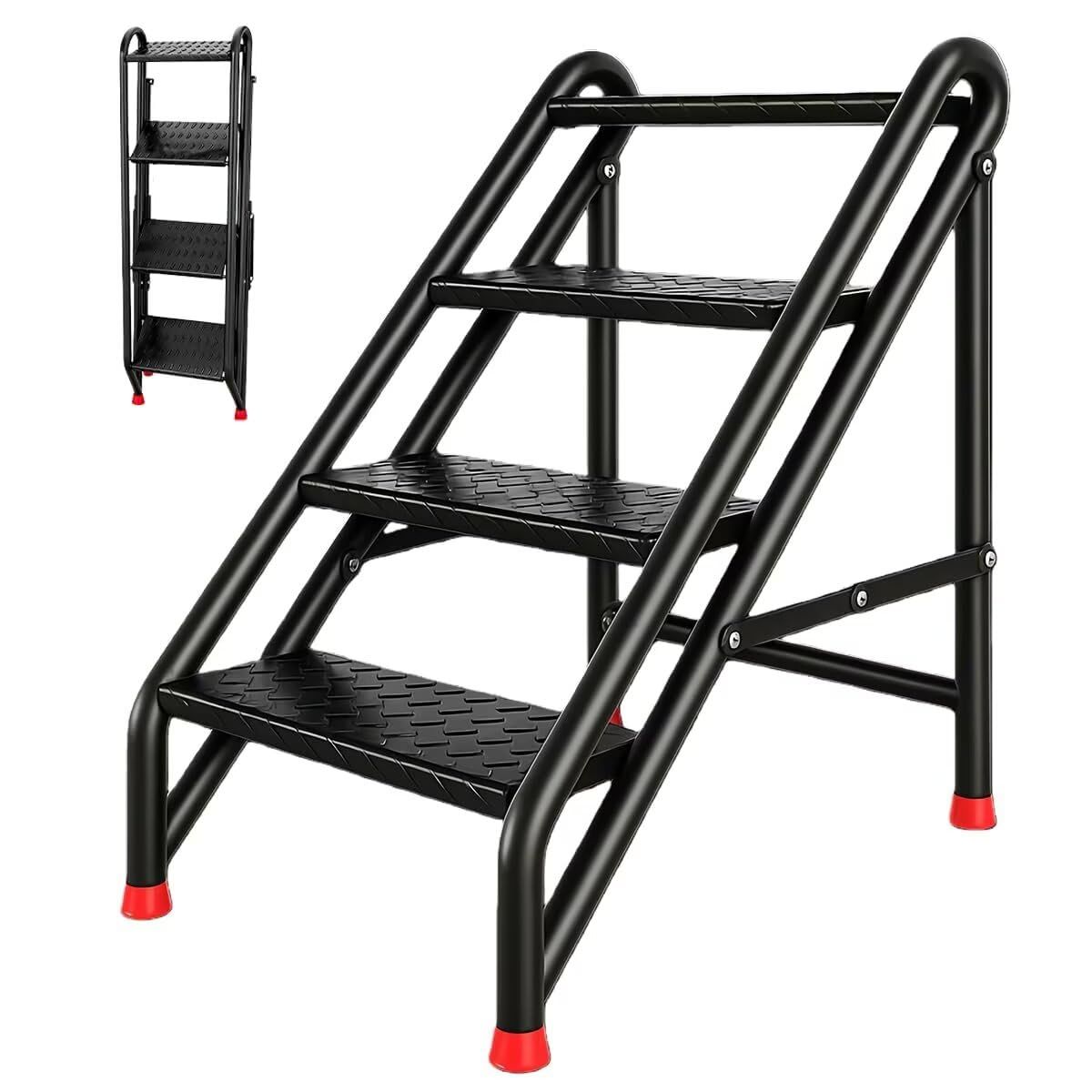 特価商品　耐荷重 段 200kg 広ステップ 手すり付き 家庭・作業用 4 45×75×95.5cm ブラック | 脚立 折りたたみ式でコンパクト収納可 持ち運びに便利 幅広ステップと滑り止め設計で安定感あり 踏み台 完成品ですぐ使用可能 洗車・塗装・窓拭きに