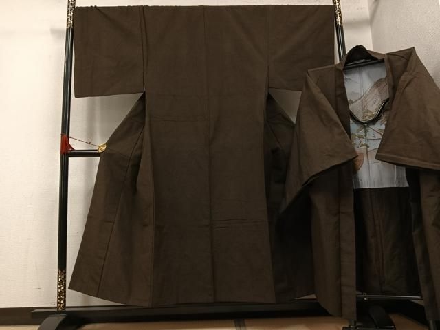 平和屋着物●男性　紬　アンサンブル　色無地　海松茶色　正絹　逸品　AABJ8444ph 平和屋着物○男性 紬 アンサンブル 色無地 海松茶色 正絹 逸品