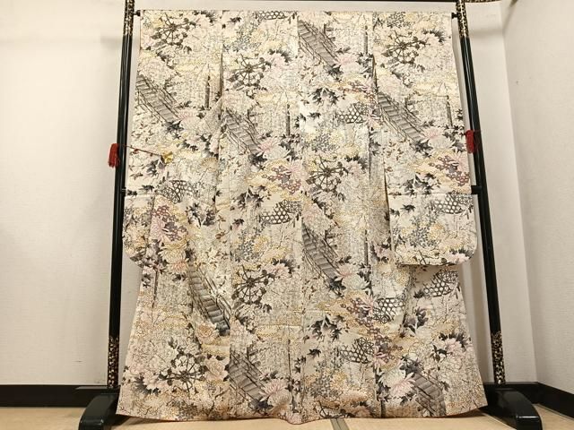 平和屋着物●豪華振袖　駒刺繍　渡橋草花文　金彩　正絹　逸品　AABJ8461ph