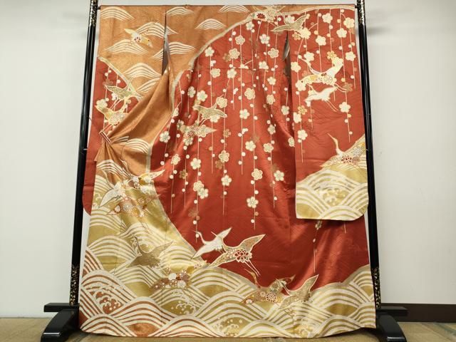 平和屋着物●豪華振袖　駒刺繍　立波飛鶴花文　金彩　正絹　逸品　CABH9885ut
