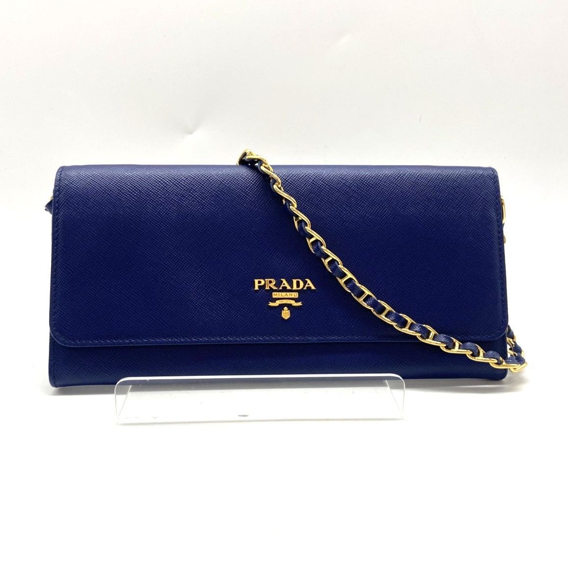 ★PRADA プラダ サフィアーノ チェーン ウォレット 1M1290 長財布 二つ折り財布 肩掛け 斜め掛け チェーン取り外し可 ネイビー系 金具ゴールド色 レザー 中古★008467