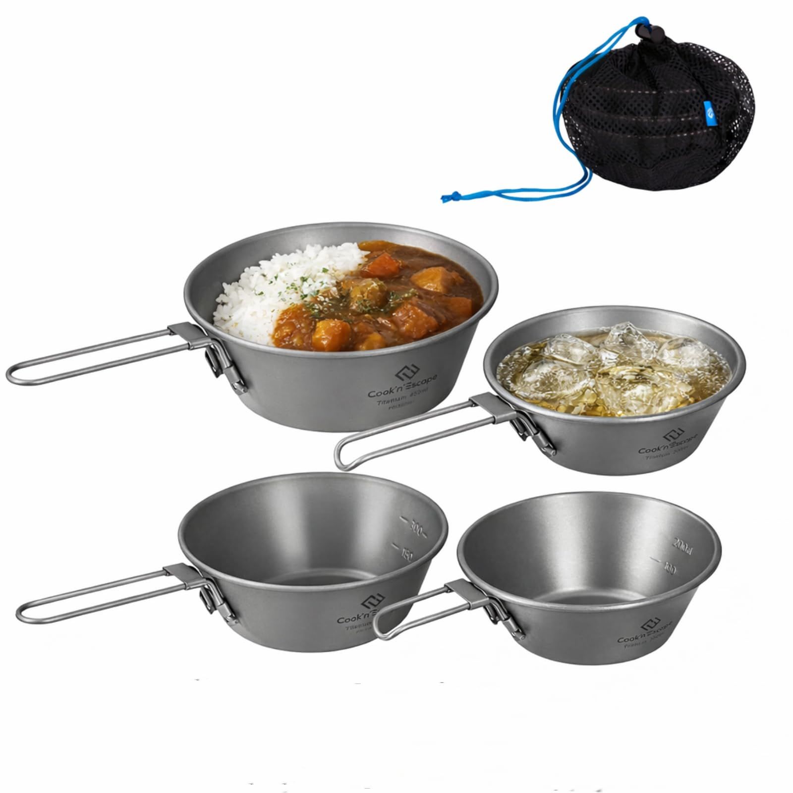 COOK'N'ESCAPE チタン シェラカップ 4点セット (300ml＋450ml)×2 純チタン製 直火対応 超軽量 スタッキング 折りたたみハンドル 目盛り付き 金属アレルギー対応 登山 キャンプ 防災 食器セット送料無料