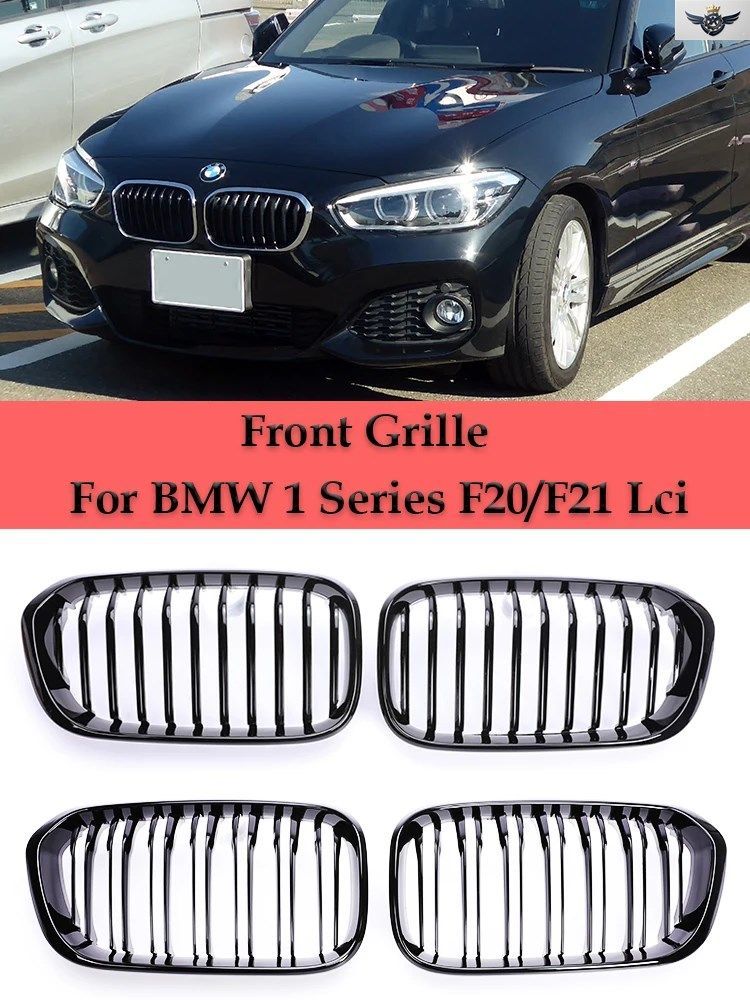 BMW 1シリーズ F20 F21 フェイスリフト 2015-2019 118d M135用 グロスマットブラック フロントバンパー シングル/ダブルスラット レーシン