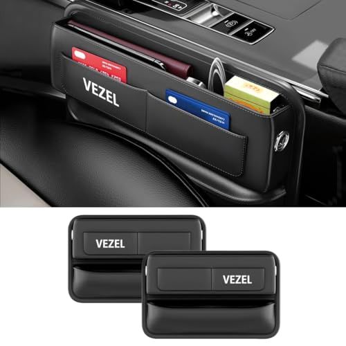 【ヴェゼル 専用】隙間収納ボックス VEZEL 専用ロゴ シートサイドポケット 車 ヴェゼル RV 系 RV3 RV4 RV5 RV6 対応 大容量 収納 小物入れ 落下防止 カー用品 車内 アクセサリー 便利グッズ PUレザー 運転席+助手席用 ロゴ左右ts