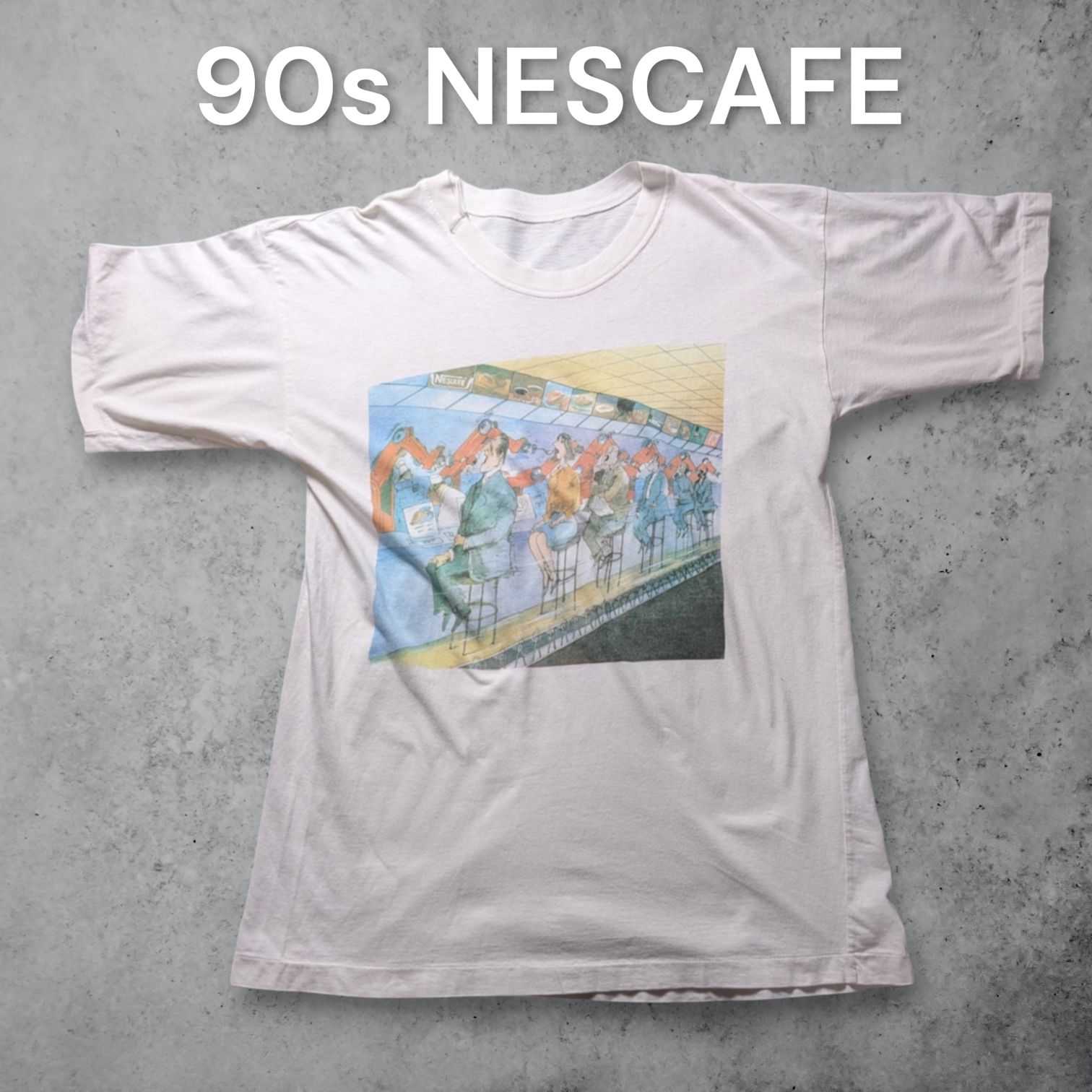 90s ネスカフェ 風刺画 アート 企業物 Tシャツ 白 シングルステッチ NESCAFE ネスレ イラスト ヴィンテージ ギミック アートT