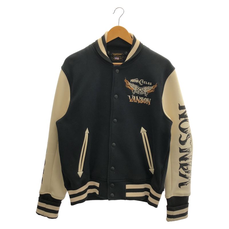 【中古】VANSON バンソン バイカラー 裏起毛 スタジアムジャケット L ブラック[66]