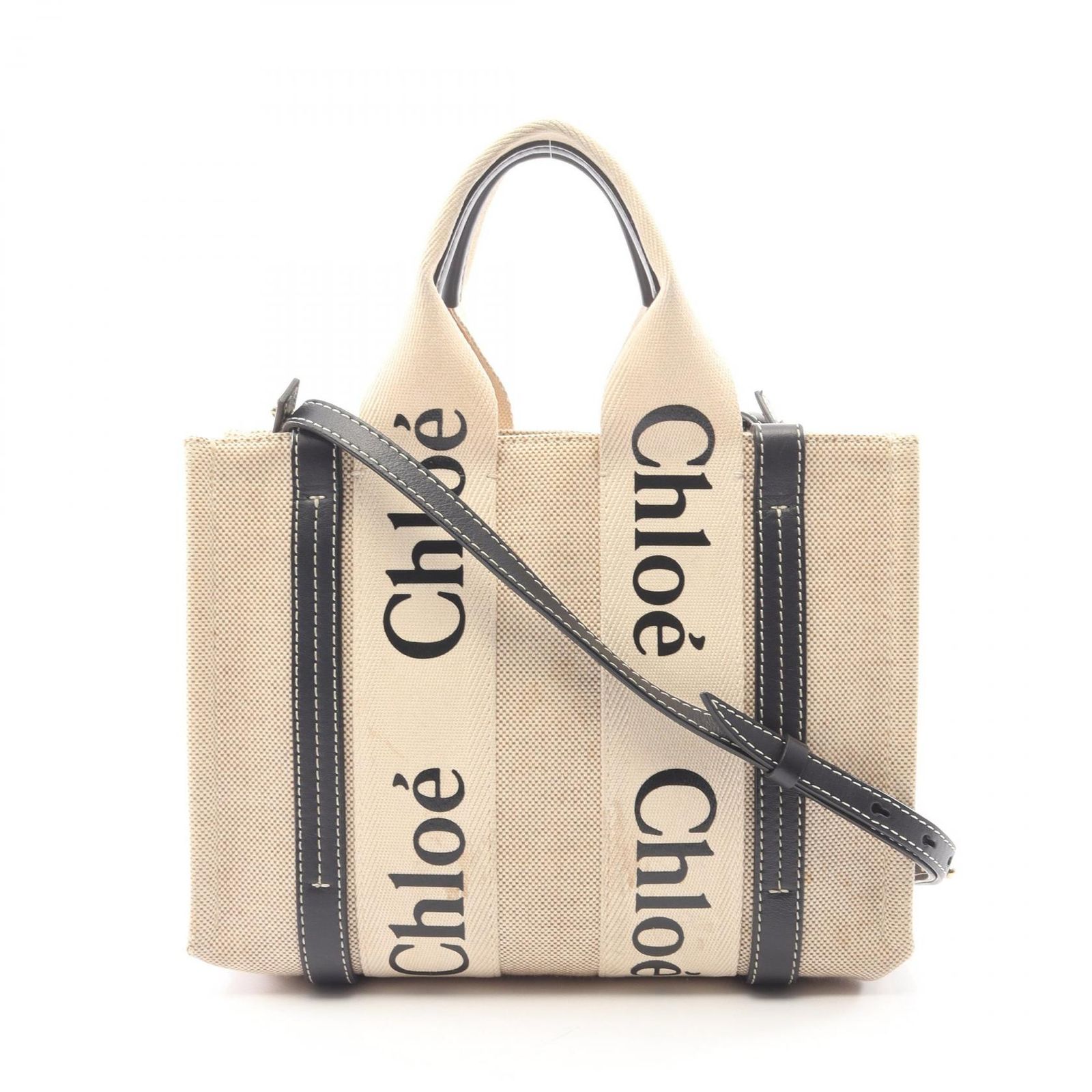 クロエ Chloe トートバッグ WOODY SMALL ウッディ スモール 2WAY CHC22AS397I2691J アイボリー/ベージュ/ブラック キャンバス レザー ウッディ スモール レディース Used B