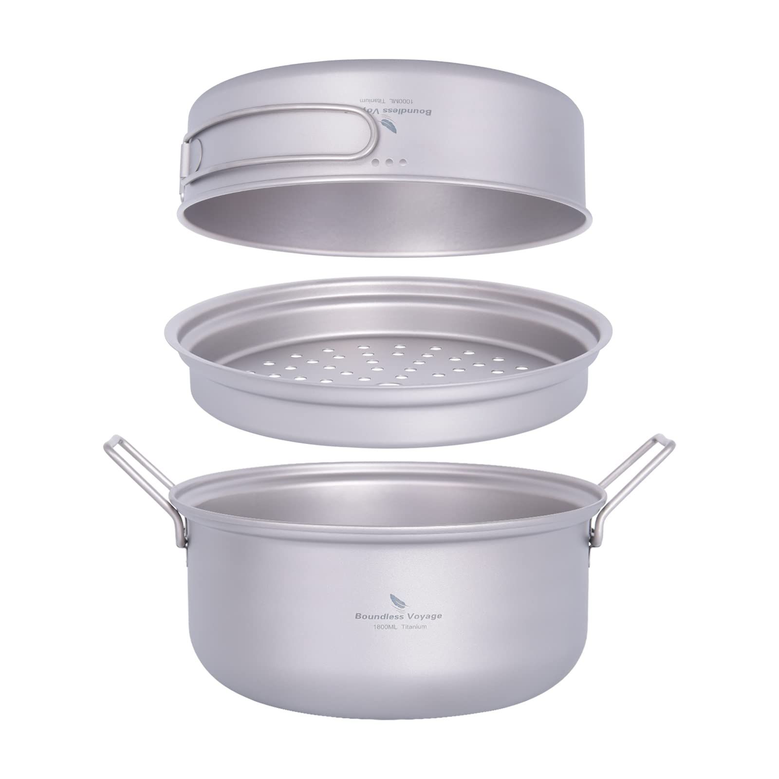 Boundless Voyage チタンクッカーセット アウトドア鍋 フライパン 蒸し器付き 軽量 大容量 1000ml+1800ml コッへル・クッカーセット 万能 炒めも可能 登山用鍋 キャンプ用品 アウトドア調理器具 2?3人に適応 パーソナルク送料無料