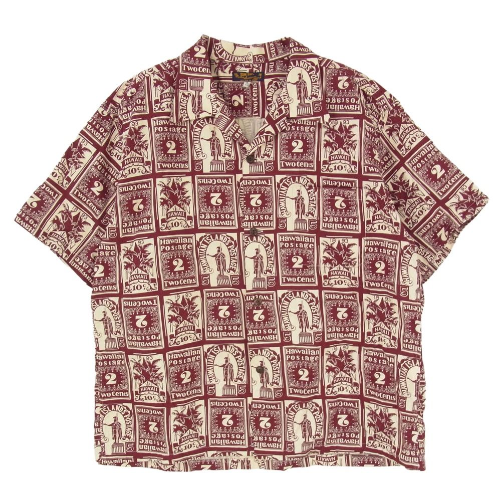 SUN SURF サンサーフ SS39096 COTTON HERRINGBONE OPEN SHIRT HAWAIIAN STAMP コットン ヘリンボーン オープン ハワイアン 半袖アロハシャツ エンジ系 XL【美品】【中古】 SUN SURF サンサーフ SS39096 COTTON HERRINGBONE OPEN SHIRT HAWAIIAN