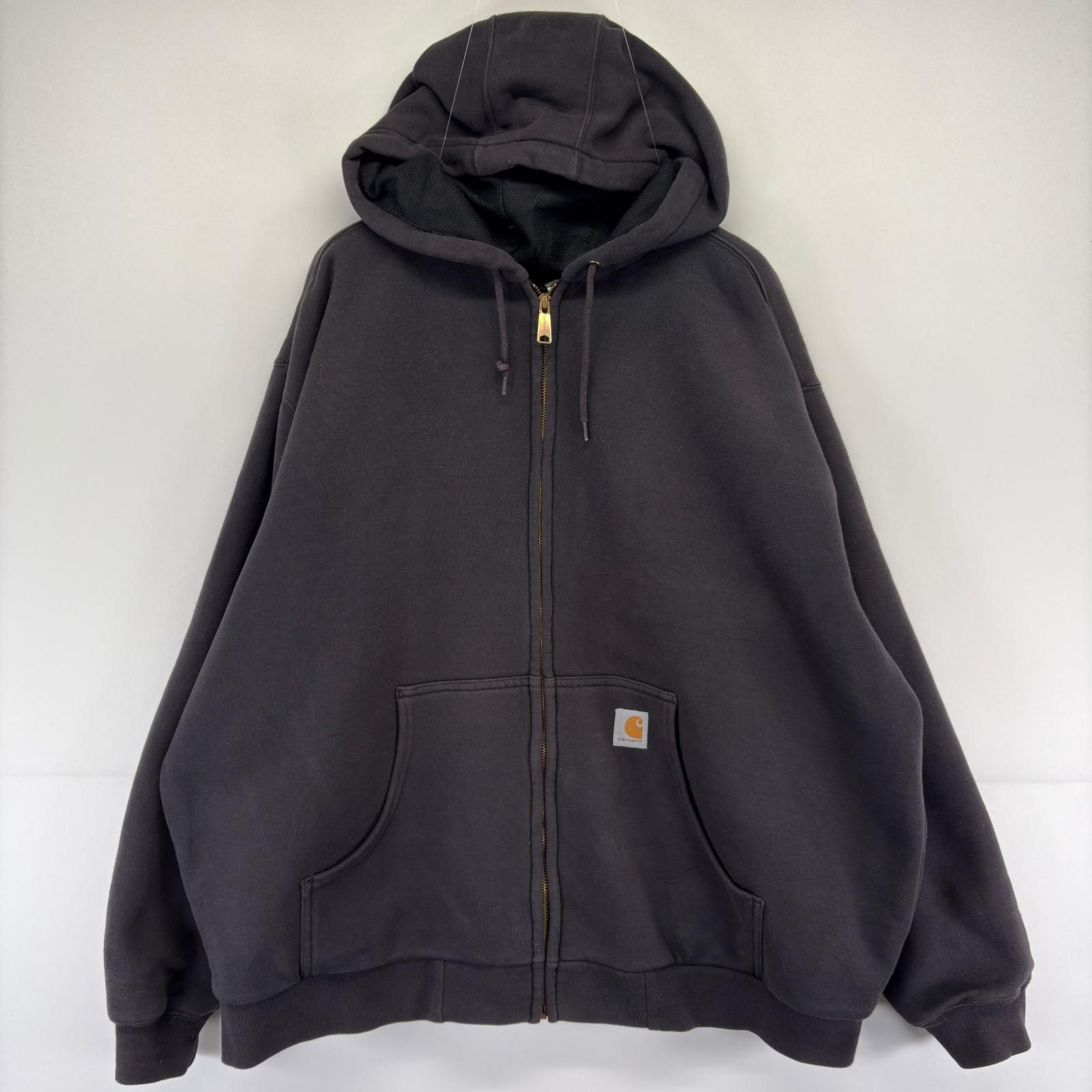 古着 カーハート Carhartt パーカー ロゴ 裏地メッシュ フーディ スウェット ダブルフェイス フルジップ 2XL ブラック メンズ