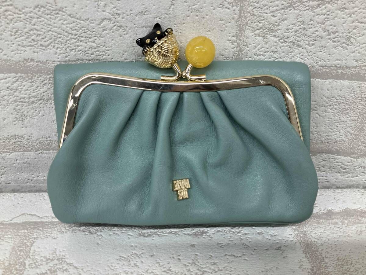 ANNA SUI アナスイ 二つ折り財布 がま口 ウォレット レディース グリーン レザー カジュアル 猫 キャット 小銭入れあり